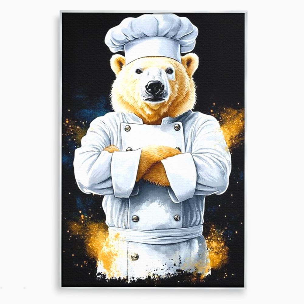 Tablou canvas cu ilustratie urs polar bucatar, in rama de aluminiu argintiu